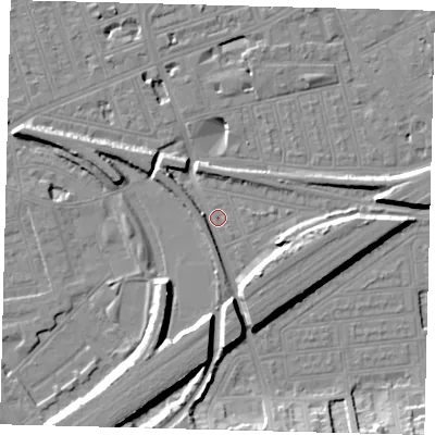 Shaded relief map of the ground around SW112DS, computed from Environment Agency LiDAR. The ground here sits at about 3 m above sea level and falls 12 m across the surrounding 800 m. Surface water reaching this point runs off ground lying to the south-east, 7.7 m higher.