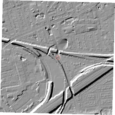 Shaded relief map of the ground around SW112DT, computed from Environment Agency LiDAR. The ground here sits at about 3 m above sea level and falls 11 m across the surrounding 800 m. Surface water reaching this point runs off ground lying to the south-east, 10.4 m higher.