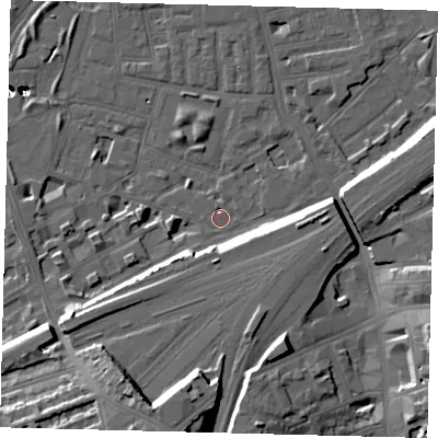 Shaded relief map of the ground around SW112DW, computed from Environment Agency LiDAR. The ground here sits at about 4 m above sea level and falls 54 m across the surrounding 800 m. Surface water reaching this point runs off ground lying to the south-south-west, 15.3 m higher.