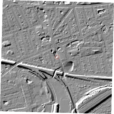 Shaded relief map of the ground around SW112DX, computed from Environment Agency LiDAR. The ground here sits at about 2 m above sea level and falls 11 m across the surrounding 800 m. Surface water reaching this point runs off ground lying to the north-north-west, 3.2 m higher.