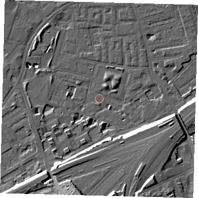 Shaded relief map of the ground around SW112EF, computed from Environment Agency LiDAR. The ground here sits at about 3 m above sea level and falls 53 m across the surrounding 800 m. Surface water reaching this point runs off ground lying to the south-south-west, 11.0 m higher.