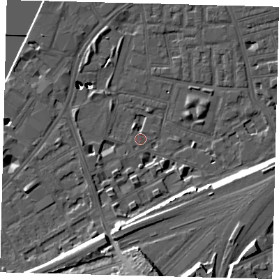 Shaded relief map of the ground around SW112EL, computed from Environment Agency LiDAR. The ground here sits at about 4 m above sea level and falls 54 m across the surrounding 800 m. Surface water reaching this point runs off ground lying to the south, 0.8 m higher.