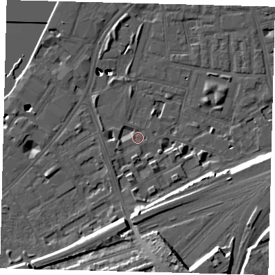 Shaded relief map of the ground around SW112ER, computed from Environment Agency LiDAR. The ground here sits at about 4 m above sea level and falls 54 m across the surrounding 800 m. Surface water reaching this point runs off ground lying to the south, 3.2 m higher.
