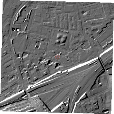 Shaded relief map of the ground around SW112ET, computed from Environment Agency LiDAR. The ground here sits at about 4 m above sea level and falls 54 m across the surrounding 800 m. Surface water reaching this point runs off ground lying to the south, 16.4 m higher.
