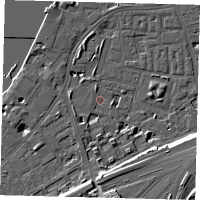 Shaded relief map of the ground around SW112EW, computed from Environment Agency LiDAR. The ground here sits at about 3 m above sea level and falls 52 m across the surrounding 800 m. Surface water reaching this point runs off ground lying to the south, 3.2 m higher.