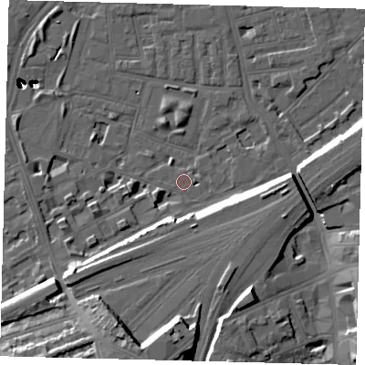 Shaded relief map of the ground around SW112EX, computed from Environment Agency LiDAR. The ground here sits at about 4 m above sea level and falls 54 m across the surrounding 800 m. The ground contributing surface water to this point lies to the south.