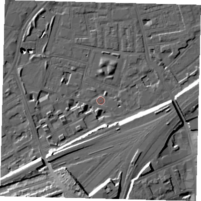 Shaded relief map of the ground around SW112FA, computed from Environment Agency LiDAR. The ground here sits at about 4 m above sea level and falls 54 m across the surrounding 800 m. Surface water reaching this point runs off ground lying to the south, 16.4 m higher.