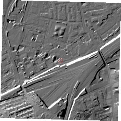 Shaded relief map of the ground around SW112FR, computed from Environment Agency LiDAR. The ground here sits at about 4 m above sea level and falls 54 m across the surrounding 800 m. Surface water reaching this point runs off ground lying to the west-south-west, 10.6 m higher.
