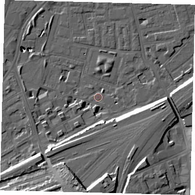 Shaded relief map of the ground around SW112FT, computed from Environment Agency LiDAR. The ground here sits at about 4 m above sea level and falls 54 m across the surrounding 800 m. Surface water reaching this point runs off ground lying to the south, 16.4 m higher.