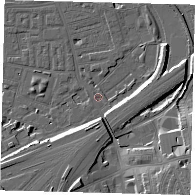 Shaded relief map of the ground around SW112FU, computed from Environment Agency LiDAR. The ground here sits at about 3 m above sea level and falls 17 m across the surrounding 800 m. Surface water reaching this point runs off ground lying to the south-east, 16.7 m higher.