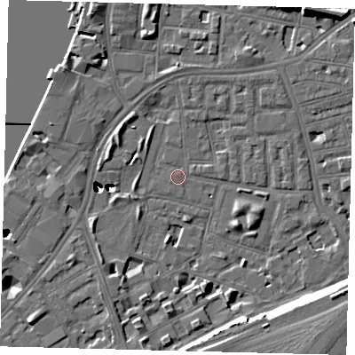 Shaded relief map of the ground around SW112HB, computed from Environment Agency LiDAR. The ground here sits at about 3 m above sea level and falls 47 m across the surrounding 800 m. The ground contributing surface water to this point lies to the north-east.