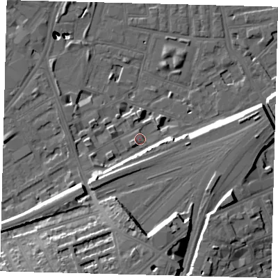 Shaded relief map of the ground around SW112HH, computed from Environment Agency LiDAR. The ground here sits at about 5 m above sea level and falls 55 m across the surrounding 800 m. Surface water reaching this point runs off ground lying to the south-west, 9.5 m higher.