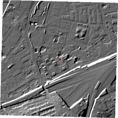 Shaded relief map of the ground around SW112HQ, computed from Environment Agency LiDAR. The ground here sits at about 4 m above sea level and falls 54 m across the surrounding 800 m. Surface water reaching this point runs off ground lying to the south-south-west, 4.3 m higher.
