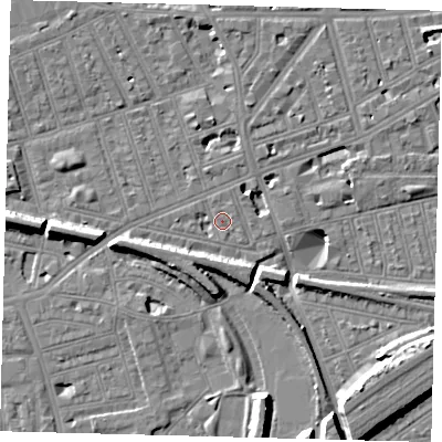 Shaded relief map of the ground around SW112JA, computed from Environment Agency LiDAR. The ground here sits at about 3 m above sea level and falls 11 m across the surrounding 800 m. Surface water reaching this point runs off ground lying to the west-south-west, 6.3 m higher.