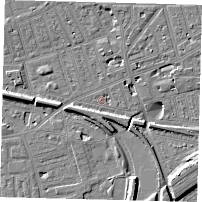 Shaded relief map of the ground around SW112JB, computed from Environment Agency LiDAR. The ground here sits at about 3 m above sea level and falls 11 m across the surrounding 800 m. Surface water reaching this point runs off ground lying to the west-south-west, 6.3 m higher.