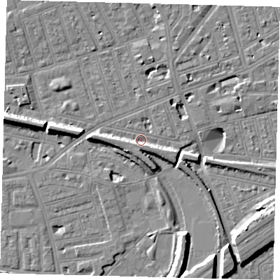 Shaded relief map of the ground around SW112JD, computed from Environment Agency LiDAR. The ground here sits at about 3 m above sea level and falls 11 m across the surrounding 800 m. Surface water reaching this point runs off ground lying to the west, 6.1 m higher.