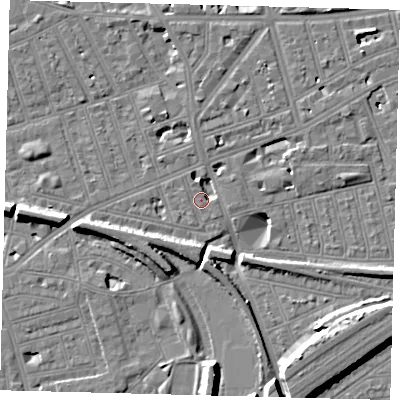 Shaded relief map of the ground around SW112JE, computed from Environment Agency LiDAR. The ground here sits at about 3 m above sea level and falls 11 m across the surrounding 800 m. Surface water reaching this point runs off ground lying to the west, 0.7 m higher.