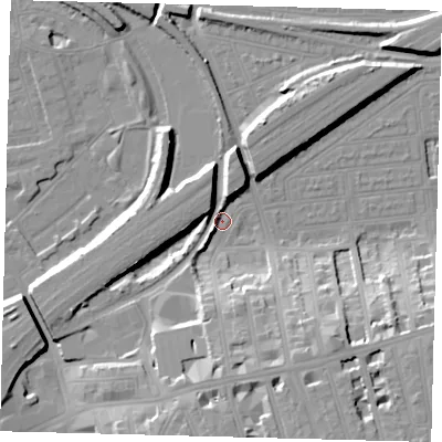 Shaded relief map of the ground around SW112JL, computed from Environment Agency LiDAR. The ground here sits at about 3 m above sea level and falls 19 m across the surrounding 800 m. Surface water reaching this point runs off ground lying to the south-south-east, 17.9 m higher.