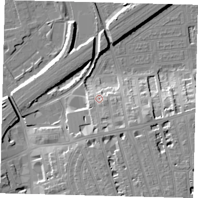 Shaded relief map of the ground around SW112JP, computed from Environment Agency LiDAR. The ground here sits at about 12 m above sea level and falls 20 m across the surrounding 800 m. Surface water reaching this point runs off ground lying to the south-east, 8.4 m higher.