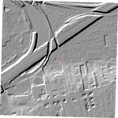 Shaded relief map of the ground around SW112JU, computed from Environment Agency LiDAR. The ground here sits at about 2 m above sea level and falls 19 m across the surrounding 800 m. Surface water reaching this point runs off ground lying to the south-south-east, 16.1 m higher.