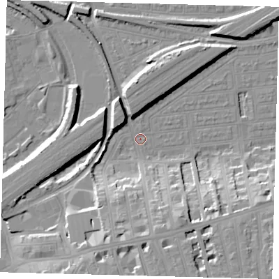 Shaded relief map of the ground around SW112JY, computed from Environment Agency LiDAR. The ground here sits at about 3 m above sea level and falls 19 m across the surrounding 800 m. Surface water reaching this point runs off ground lying to the south-south-east, 16.1 m higher.