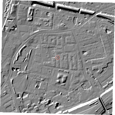 Shaded relief map of the ground around SW112LB, computed from Environment Agency LiDAR. The ground here sits at about 3 m above sea level and falls 47 m across the surrounding 800 m. Surface water reaching this point runs off ground lying to the east-north-east, 0.7 m higher.