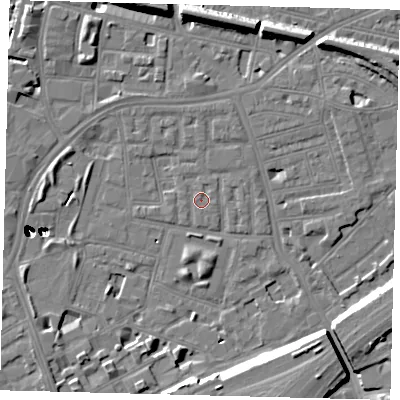 Shaded relief map of the ground around SW112LD, computed from Environment Agency LiDAR. The ground here sits at about 3 m above sea level and falls 47 m across the surrounding 800 m. Surface water reaching this point runs off ground lying to the north-north-east, 0.7 m higher.