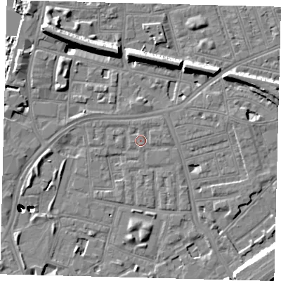 Shaded relief map of the ground around SW112LE, computed from Environment Agency LiDAR. The ground here sits at about 4 m above sea level and falls 47 m across the surrounding 800 m. Surface water reaching this point runs off ground lying to the north-north-east, 0.8 m higher.