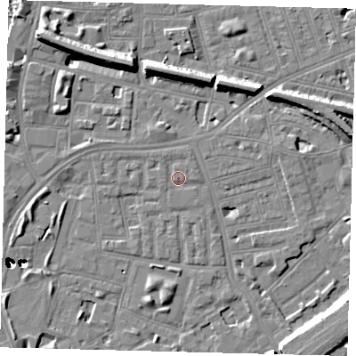Shaded relief map of the ground around SW112LF, computed from Environment Agency LiDAR. The ground here sits at about 4 m above sea level and falls 47 m across the surrounding 800 m. Surface water reaching this point runs off ground lying to the north-north-west, 0.9 m higher.