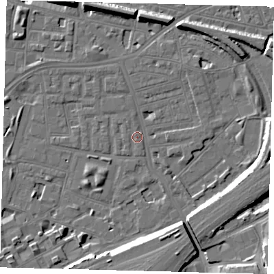 Shaded relief map of the ground around SW112LH, computed from Environment Agency LiDAR. The ground here sits at about 4 m above sea level and falls 13 m across the surrounding 800 m. Surface water reaching this point runs off ground lying to the south-east, 11.2 m higher.