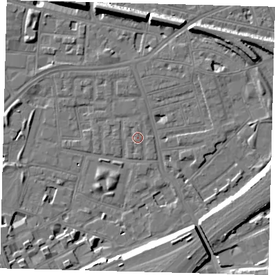 Shaded relief map of the ground around SW112LQ, computed from Environment Agency LiDAR. The ground here sits at about 4 m above sea level and falls 15 m across the surrounding 800 m. Surface water reaching this point runs off ground lying to the south-east, 10.8 m higher.