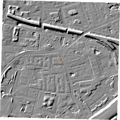 Shaded relief map of the ground around SW112LS, computed from Environment Agency LiDAR. The ground here sits at about 4 m above sea level and falls 18 m across the surrounding 800 m. Surface water reaching this point runs off ground lying to the east-north-east, 1.7 m higher.