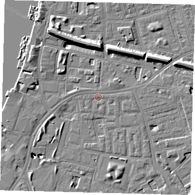 Shaded relief map of the ground around SW112LT, computed from Environment Agency LiDAR. The ground here sits at about 4 m above sea level and falls 47 m across the surrounding 800 m. Surface water reaching this point runs off ground lying to the west-north-west, 0.8 m higher.