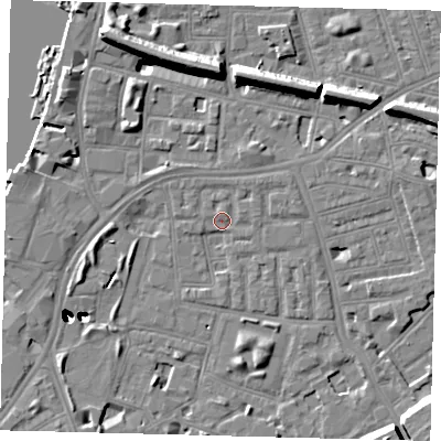 Shaded relief map of the ground around SW112LU, computed from Environment Agency LiDAR. The ground here sits at about 4 m above sea level and falls 47 m across the surrounding 800 m. Surface water reaching this point runs off ground lying to the north-west, 1.0 m higher.