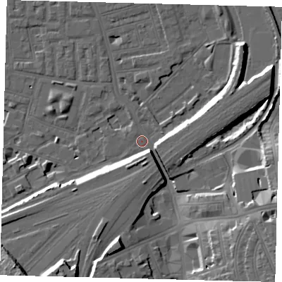 Shaded relief map of the ground around SW112LW, computed from Environment Agency LiDAR. The ground here sits at about 3 m above sea level and falls 18 m across the surrounding 800 m. Surface water reaching this point runs off ground lying to the south-east, 16.7 m higher.