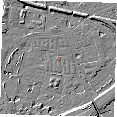 Shaded relief map of the ground around SW112LY, computed from Environment Agency LiDAR. The ground here sits at about 4 m above sea level and falls 47 m across the surrounding 800 m. Surface water reaching this point runs off ground lying to the south-east, 0.9 m higher.