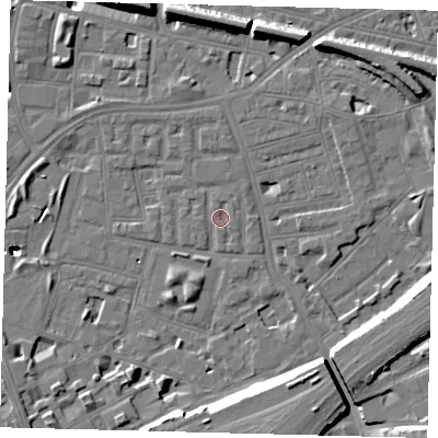 Shaded relief map of the ground around SW112LZ, computed from Environment Agency LiDAR. The ground here sits at about 3 m above sea level and falls 19 m across the surrounding 800 m. Surface water reaching this point runs off ground lying to the south-south-west, 17.7 m higher.