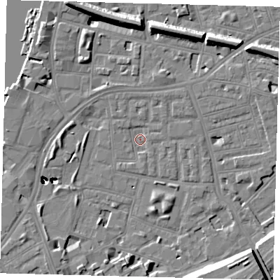Shaded relief map of the ground around SW112NB, computed from Environment Agency LiDAR. The ground here sits at about 3 m above sea level and falls 47 m across the surrounding 800 m. Surface water reaching this point runs off ground lying to the north-north-west, 1.5 m higher.
