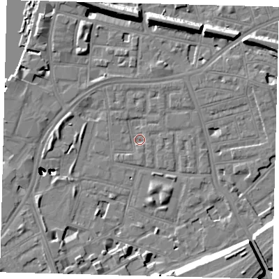Shaded relief map of the ground around SW112ND, computed from Environment Agency LiDAR. The ground here sits at about 3 m above sea level and falls 47 m across the surrounding 800 m. Surface water reaching this point runs off ground lying to the south-south-west, 1.3 m higher.