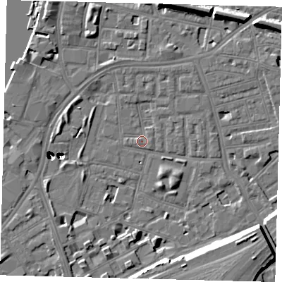 Shaded relief map of the ground around SW112NE, computed from Environment Agency LiDAR. The ground here sits at about 4 m above sea level and falls 47 m across the surrounding 800 m. Surface water reaching this point runs off ground lying to the west-south-west, 41.4 m higher.