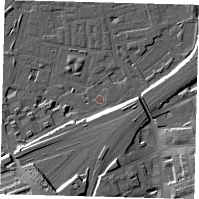 Shaded relief map of the ground around SW112NG, computed from Environment Agency LiDAR. The ground here sits at about 3 m above sea level and falls 17 m across the surrounding 800 m. Surface water reaching this point runs off ground lying to the south-south-west, 16.4 m higher.