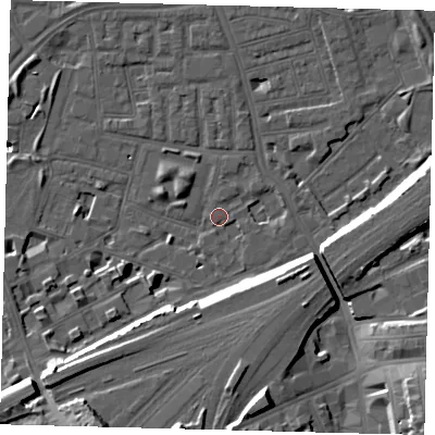 Shaded relief map of the ground around SW112NL, computed from Environment Agency LiDAR. The ground here sits at about 3 m above sea level and falls 24 m across the surrounding 800 m. Surface water reaching this point runs off ground lying to the south, 11.2 m higher.