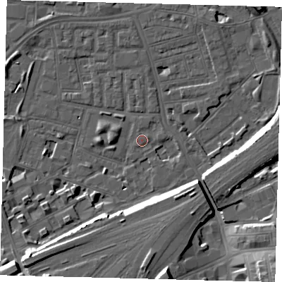 Shaded relief map of the ground around SW112NN, computed from Environment Agency LiDAR. The ground here sits at about 4 m above sea level and falls 16 m across the surrounding 800 m. Surface water reaching this point runs off ground lying to the south-south-east, 15.2 m higher.