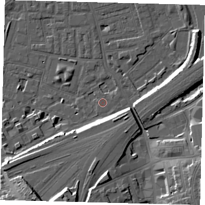 Shaded relief map of the ground around SW112NS, computed from Environment Agency LiDAR. The ground here sits at about 4 m above sea level and falls 17 m across the surrounding 800 m. Surface water reaching this point runs off ground lying to the south-south-west, 15.7 m higher.