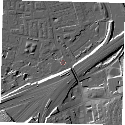 Shaded relief map of the ground around SW112NT, computed from Environment Agency LiDAR. The ground here sits at about 4 m above sea level and falls 17 m across the surrounding 800 m. Surface water reaching this point runs off ground lying to the west-south-west, 0.5 m higher.