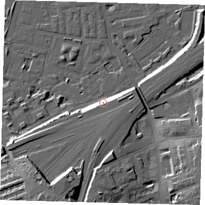 Shaded relief map of the ground around SW112NU, computed from Environment Agency LiDAR. The ground here sits at about 7 m above sea level and falls 18 m across the surrounding 800 m. Surface water reaching this point runs off ground lying to the south, 6.9 m higher.