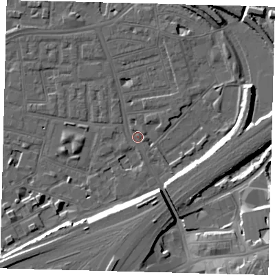 Shaded relief map of the ground around SW112PF, computed from Environment Agency LiDAR. The ground here sits at about 3 m above sea level and falls 16 m across the surrounding 800 m. Surface water reaching this point runs off ground lying to the south-east, 15.8 m higher.