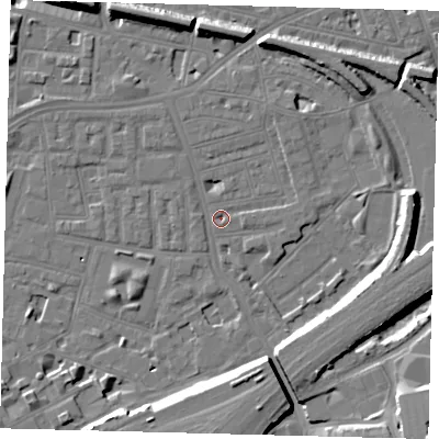 Shaded relief map of the ground around SW112PG, computed from Environment Agency LiDAR. The ground here sits at about 2 m above sea level and falls 15 m across the surrounding 800 m. Surface water reaching this point runs off ground lying to the west, 1.7 m higher.