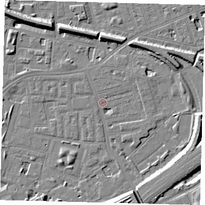 Shaded relief map of the ground around SW112PH, computed from Environment Agency LiDAR. The ground here sits at about 3 m above sea level and falls 12 m across the surrounding 800 m. Surface water reaching this point runs off ground lying to the south-west, 1.9 m higher.