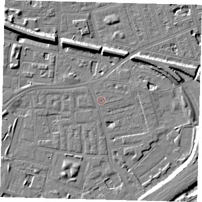 Shaded relief map of the ground around SW112PJ, computed from Environment Agency LiDAR. The ground here sits at about 3 m above sea level and falls 11 m across the surrounding 800 m. Surface water reaching this point runs off ground lying to the east-north-east, 1.7 m higher.